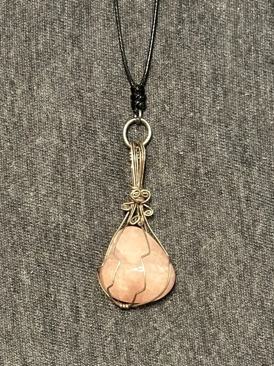 Handmade Pink Rose Quartz Wire-Wrap Necklace on Black Adjustable Cord - Picture 2 of 6